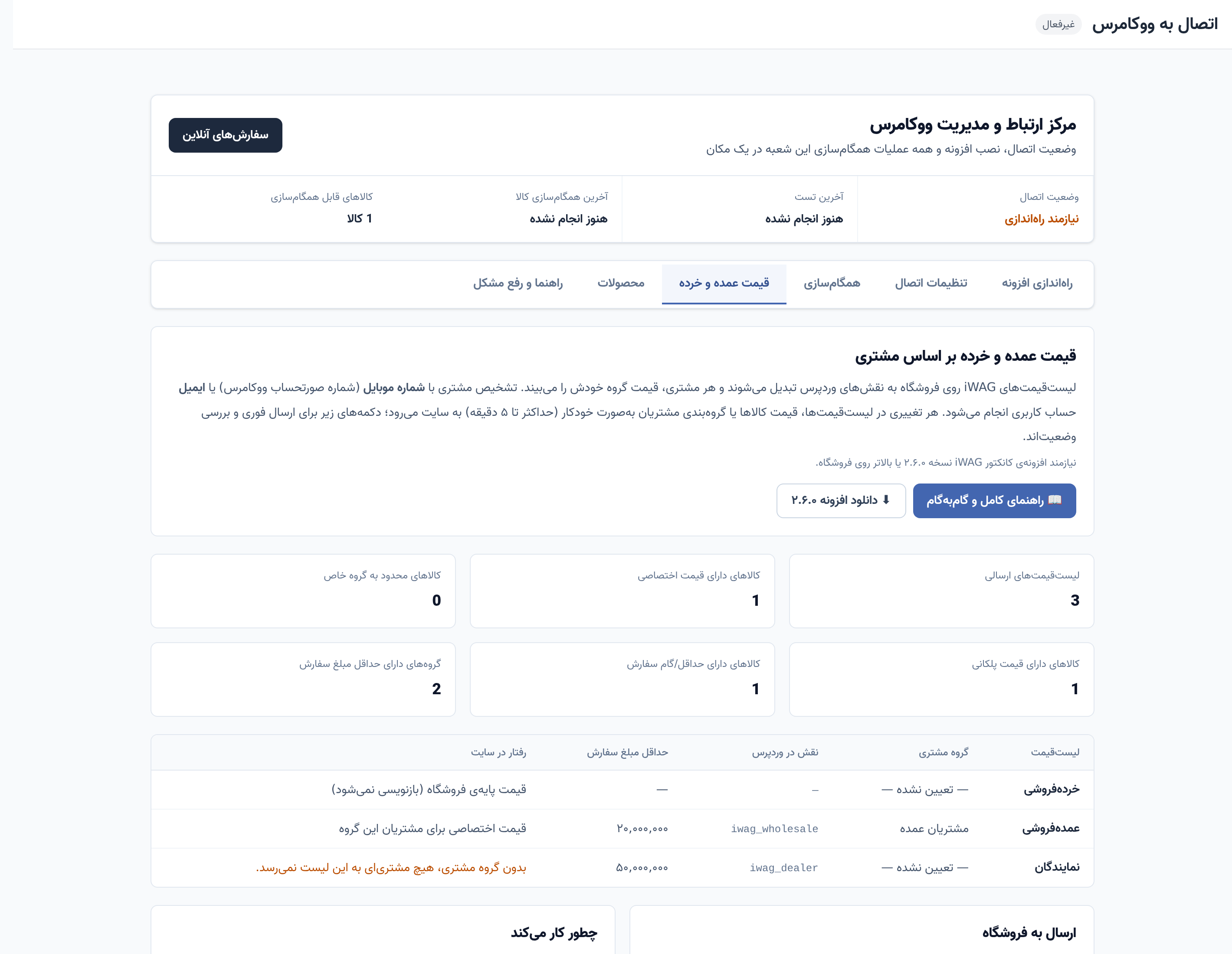 تب قیمت عمده و خرده در مرکز مدیریت ووکامرس iWAG با آمار و جدول لیست‌قیمت‌ها